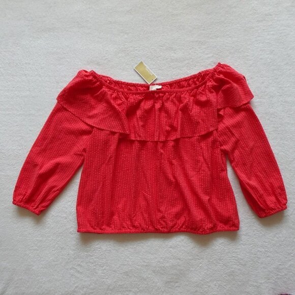 Michael Kors Off Shoulder Top Plus Size 3X Pink Orange Coral Ruffle Peasant - Picture 2 of 9